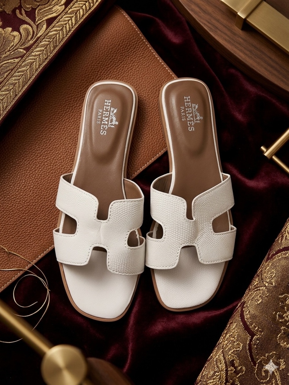 Hermes White Leather Oran Slide Sandals for Women